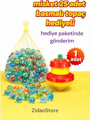Emrah Gültekin 25 Adet Rengarenk Misket Bilye Nostaljik 1 Adet Basmalı Topaç Oyuncak Şeker ve Hediye Paketli