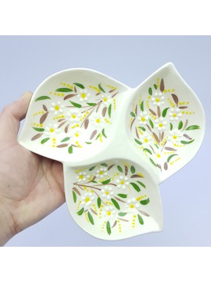 Sharp & Art Seramik Kahvaltılık, Sosluk, Çerezlik ve Sunum Tabağı, 3 Bölmeli Elişlemesi