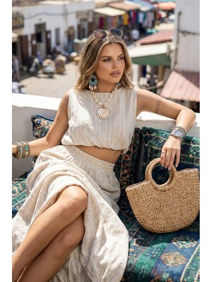 Fashion Cocktail Dökümlü Artisan Dokulu Hacimli Bel Lastikli Comfort Bohem Kolsuz Aksesuarsız Crop Etek Ikili Takım