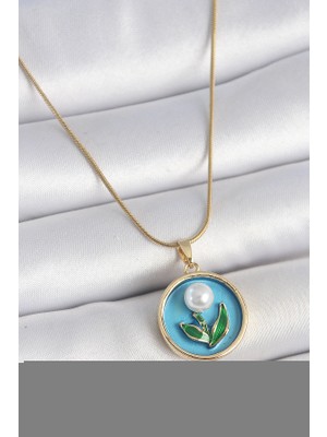 Ne Verelim Size 316L Çelik Gold Renk Zincir Mavi Mineli Incili Çiçek Işlemeli Portre Model Kadın Kolye - Tj-B