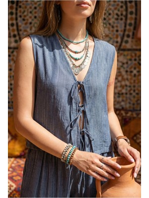 Fashion Cocktail 3 Bağlamalı Fiyonklu Çizgi Dokulu Relax Viskon Nefes Alan Ince Yazlık Tatil Yelek Pantolon Takım