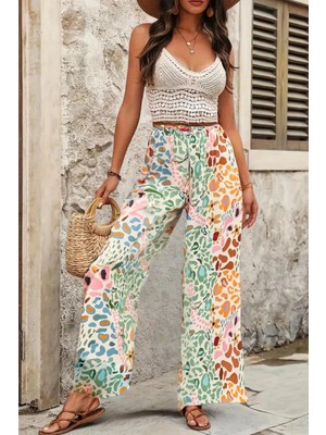 Fashion Cocktail Belden Büzgülü Bağcıklı Pastel Damla Desenli Boho Bohem Kadın Yazlık Etnik Pantolon