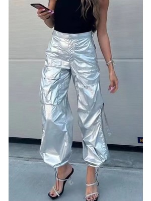 Fashion Cocktail Lame Paraşüt Kumaş Boru Paça Ayarlı Büzgülü Cepli Hiphop Kargo Pantolon Gümüş
