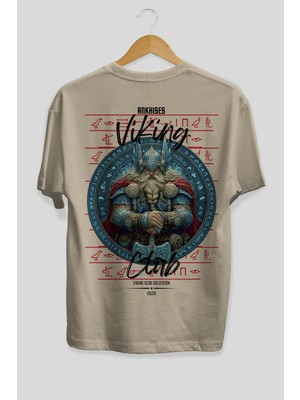 Ankhises Thor Arka Baskılı Bej Oversize T-Shirt Erkek Kadın Pamuk Bisiklet Yaka Tişort