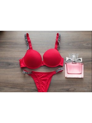 Victoria's Secret Işıltılı Askılı Push-Up Sütyen Takımı+Parfüm 75 - Kırmızı
