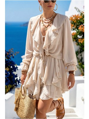 Fashion Cocktail Uçuşan Akışlı Soft Romantik Luxury Volanlı Ege Mood Lastikli Etek Geniş Yaka Bluz Şifon Yazlık Takım