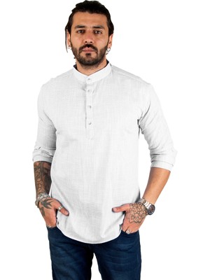 Rizzup Erkek Gri Yarım Düğmeli Hakim Yaka Flamlı Keten Gömlek 2201914
