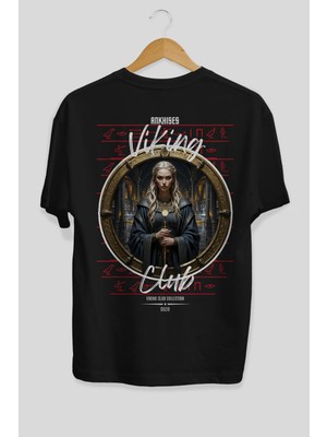 Ankhises Viking Mitolojisi  5 Arka Baskılı Siyah Oversize T-Shirt Erkek Kadın Pamuk Bisiklet Yaka Tişort