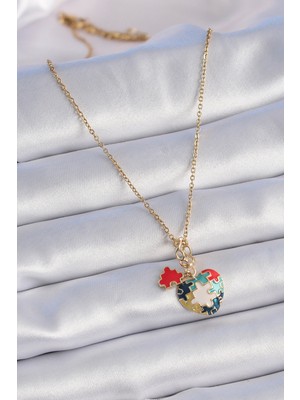 Ne Verelim Size 316L Çelik Gold Renk Yapboz Motif Kalp Figür Charm Model Kadın Kolye - TJ-BKO9316