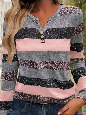 Veralya Kadın Uzun Kollu Yakadan Düğmeli Çizgili Desenli Süprem Bluz