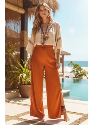 Fashion Cocktail Bol Geniş Paça Yan Yırtmaçlı Belden Lastikli Uçuşan Genel Kullanım Saten Kadın Pantolon