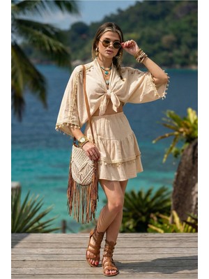 Fashion Cocktail Akdeniz Esintili Midye Istiridye Deniz Yıldızı Bağlamalı Bluz Katlı Mini Etek Sahil 2li Bohem Takım