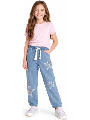 İrem Çocuk Giyim Kız Çocuk Beli Lastikli Yıldız Detaylı Yıldız Üzeri Pul Işlemeli Geniş Paçalı Mavi Kot Pantolon