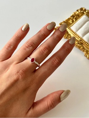 Çelik Oval Pembe Taşlı Yüzük Ayarlanabilir