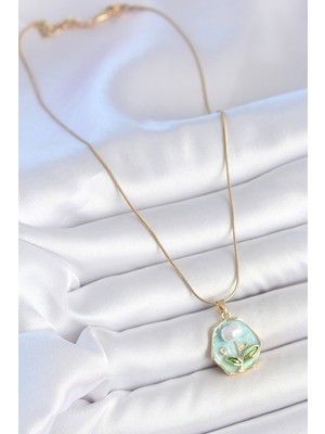 Ne Verelim Size 316L Çelik Gold Renk Zincir Mavi Çiçek Işlemeli Inci Işlemeli Portre Model Kadın Kolye - Tj