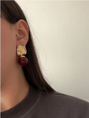 Çelik Gold Bordo Topçuk Küpe