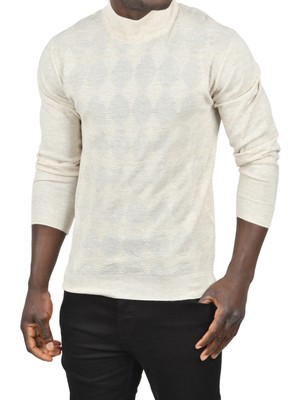 Rizzup Erkek Bej Dar Kesim Baklava Desenli Yarım Boğazlı Yaka Triko Yarım Balıkçı Yaka Kazak 2505506