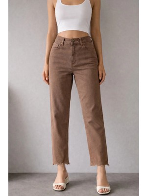 İnce Moda Giyim Yüksek Bel Straight Fit Püskül Paça Jean Pantolon – Kahverengi