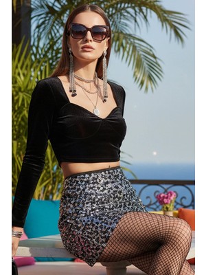 Fashion Cocktail Bel Şeritli Yan Fermuarlı Desenli Pullu Payetli Mini Yüksek Bel Kombin Gece Kokteyl Etek