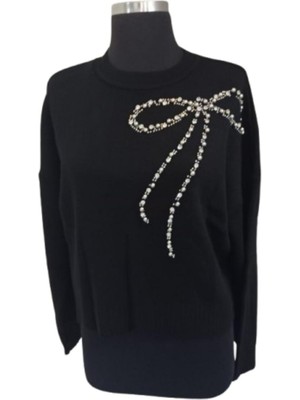 Zy Plus Siyah Fiyonk Desenli Taş Detaylı Kazak