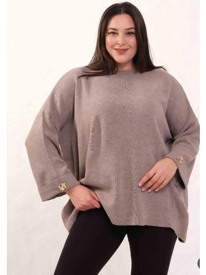 Zy Plus Vizon Büyük Beden Yuvarlak Yaka Kol Manşet Düğme Detaylı Salaş Triko Kazak