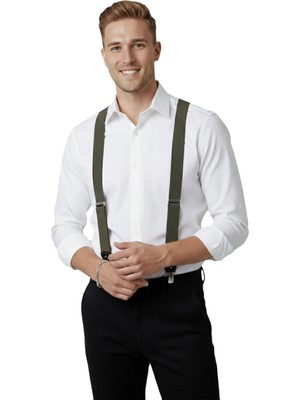 Rizzup Unisex Haki Derili Esneyebilen Lastik Ayarlanabilir Metal Klipsli Pantolon Askısı 2602025