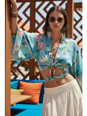 Fashion Cocktail Yeşil Japon Turna Kuşu Desenli Bağlamalı Ipeksi Bohem Kimono Geniş Kol Bluz Crop Yeşil