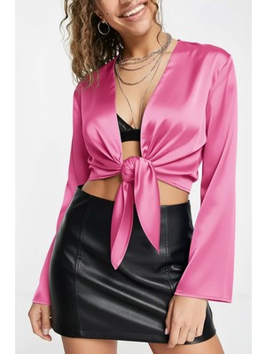 Fashion Cocktail Saten Önden Bağlamalı Dekolte Sexy Gece Kokteyl Kombin Uzun Kol Krop Bluz