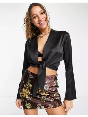 Fashion Cocktail Saten Önden Bağlamalı Dekolte Gece Kokteyl Kombin Uzun Kol Krop Bluz