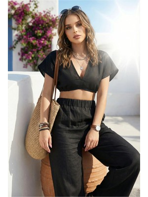 Fashion Cocktail Relax Ince Keten Bel Lastikli Pantolon Sırt Lastikli Damla Model Göbek Açık Bohem Crop Yazlık Takım