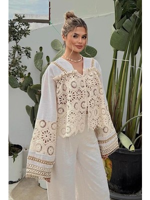 Fashion Cocktail Romantik Kore Tarzı Inci Brode Işçilikli Dantel Zarif Yelek Pantolon Ham Keten Bohem Takım