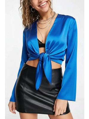 Fashion Cocktail Saten Önden Bağlamalı Dekolte Gece Kokteyl Kombin Uzun Kol Krop Bluz