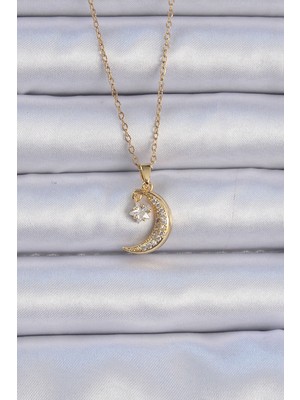 Ne Verelim Size 316L Çelik Zincir Altın Renk Zirkon Taşlı Sallantılı Ay Yıldız Kolye - TJ-BKO9061
