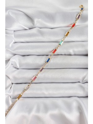 Ne Verelim Size Pirinç Gold Renk Karışık Renkli Kare Zirkon Taşlı Kadın Bileklik - TJ-BB7040