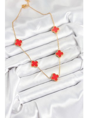Ne Verelim Size 316L Çelik Zincir Gold Kırmızı Renk Yonca Kadın Kolye - TJ-BKO10585