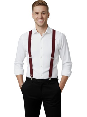 Rizzup Unisex Bordo Derili Esneyebilen Lastik Ayarlanabilir Metal Klipsli Pantolon Askısı 2602025