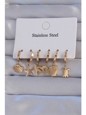 Ne Verelim Size 316L Çelik Gold Renk Zirkon Taşlı Hayvan Figürlü Deniz Yıldızı Model Halka Küpe Seti - Tj-B