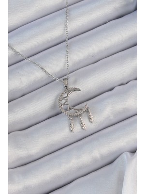 Ne Verelim Size 316L Çelik Zincir Gümüş Renk Işlemeli Zirkon Taşlı Ay Kolye - TJ-BKO9172