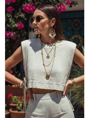 Fashion Cocktail Omuzları Vatkalı Ham Keten Yan Pencereli Dekolteli Yuvarlak Yaka Bohem Hippi Body Crop