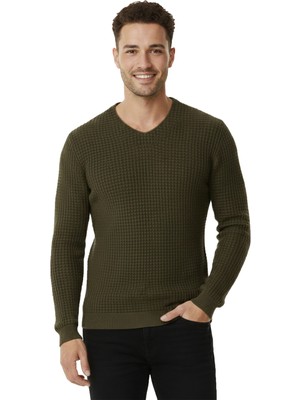 Rizzup Haki Likralı V Yaka Dar Kesim Erkek Kazak Slim Fit Esnek Pamuk Karışımlı 2300341