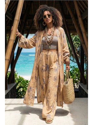 Fashion Cocktail Çiçek Yapraklı Baskılı Oversize Kimono Kaftan Lastikli Pantolon Doğal Gofre Bohem Takım