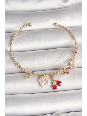 Ne Verelim Size Pirinç Gold Renk Sallantı Kırmızı Zirkon Taşlı Kiraz Figür Charm Kadın Bileklik - TJ-BB6890