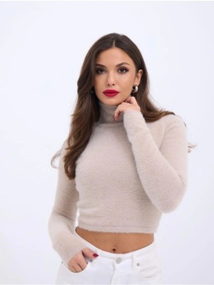 Fashion Cocktail Simli Sim Şeritli Parıltılı Tiftik Tüylü Kumaş Kışlık Sıcacık Kadın Kollu Krop Kısa Dar Esnek Kazak