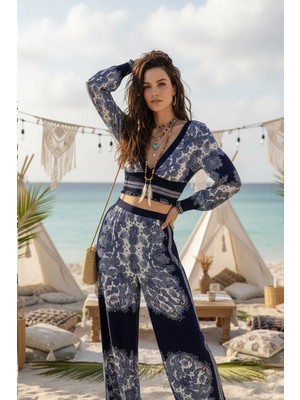 Fashion Cocktail V Yaka Hint Şal Desenli Bohem Yazlık Sahil Kadın Viskon Kollu Krop Pantolon Takım