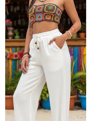 Fashion Cocktail Boncuk Ip Bel Lastikli Cepli Doğal Nefes Alan Yazlık Baharlık Bohem Hippi Bol Kesim Müslin Pantolon