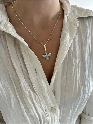 14K Çelik Üzeri Altın Kaplama Mavi Arı Kolye