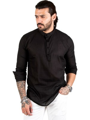 Rizzup Erkek Siyah Yarım Düğmeli Hakim Yaka Flamlı Keten Gömlek 2201914