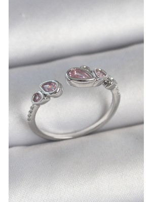 Ne Verelim Size Pirinç Gümüş Renk Pembe Damla Zirkon Taşlı Ayarlanabilir Model Kadın Yüzük - TJ-BYK3734