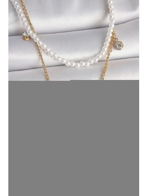 Ne Verelim Size 316L Çelik Gold Renk 2'li Inci Zincir Model Pembe Taşlı Kalp Figür Nazar Boncuk Detay Kadın Ko