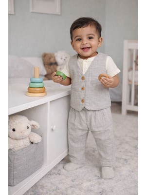 HappyKds123 Müslin TakımGri pantolon yelek beyaz bluzüyle üçlü takım